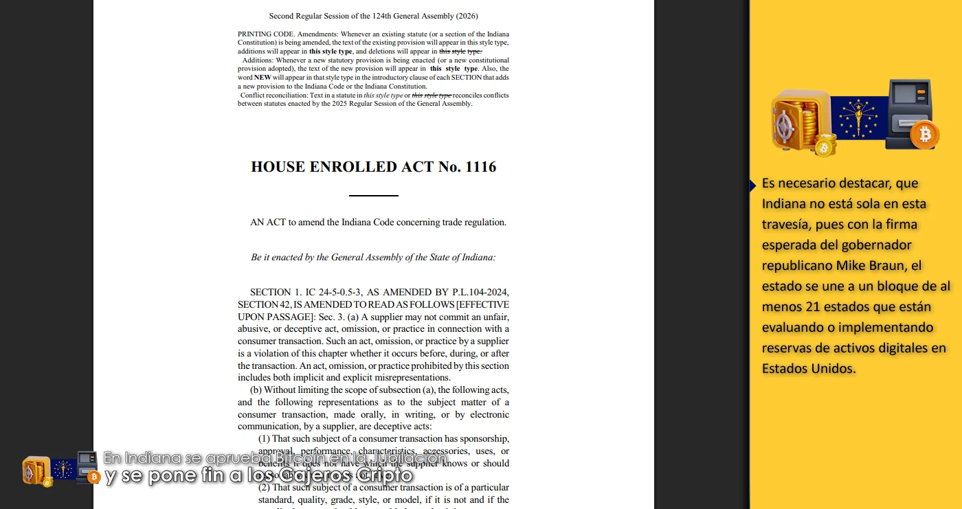 Indiana,EEUU,Fondos de Jubilación y Ahorro,Cajeros Bitcoin,leyes,HB 1042,HB 1116