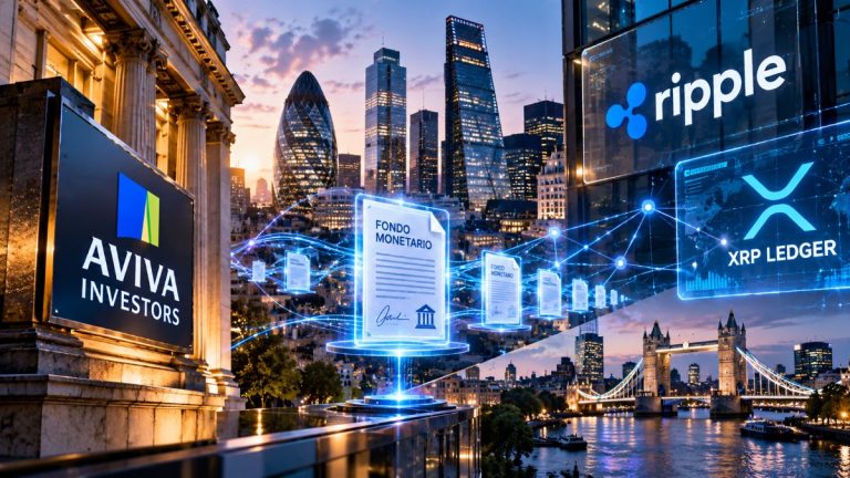 Representación de Aviva Investors y Ripple conectando un fondo monetario institucional con XRP Ledger mediante participaciones tokenizadas